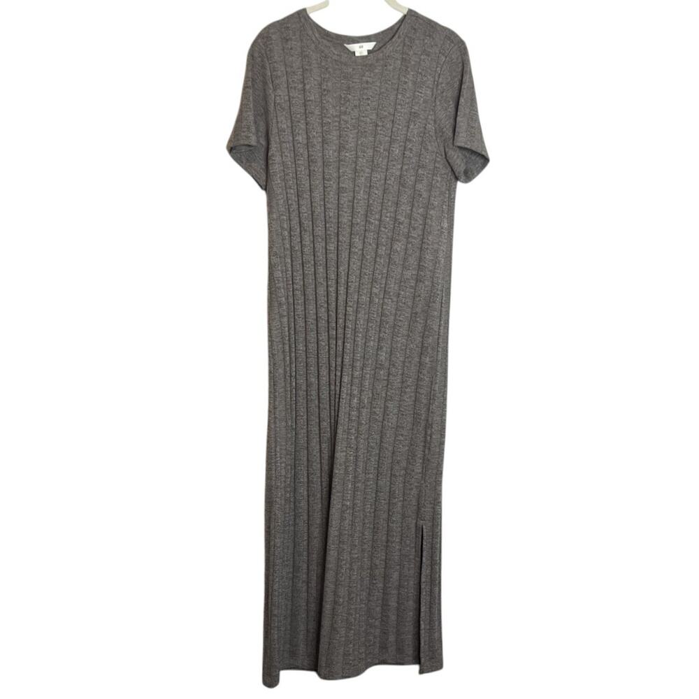 H&M Ribbed Knit Maxi Dress Large Brown Short Sleeve Side Slit